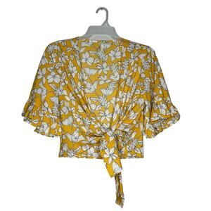 True Destiny Yellow White Floral Ruffle Tie Front Top Blouse Large